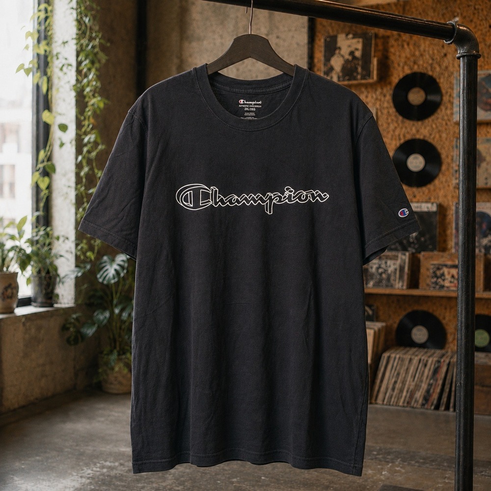 Champion Mens Black Graphic Script Logo T-Shirt 2XL‎ Short Sleeve Cotton Tee
